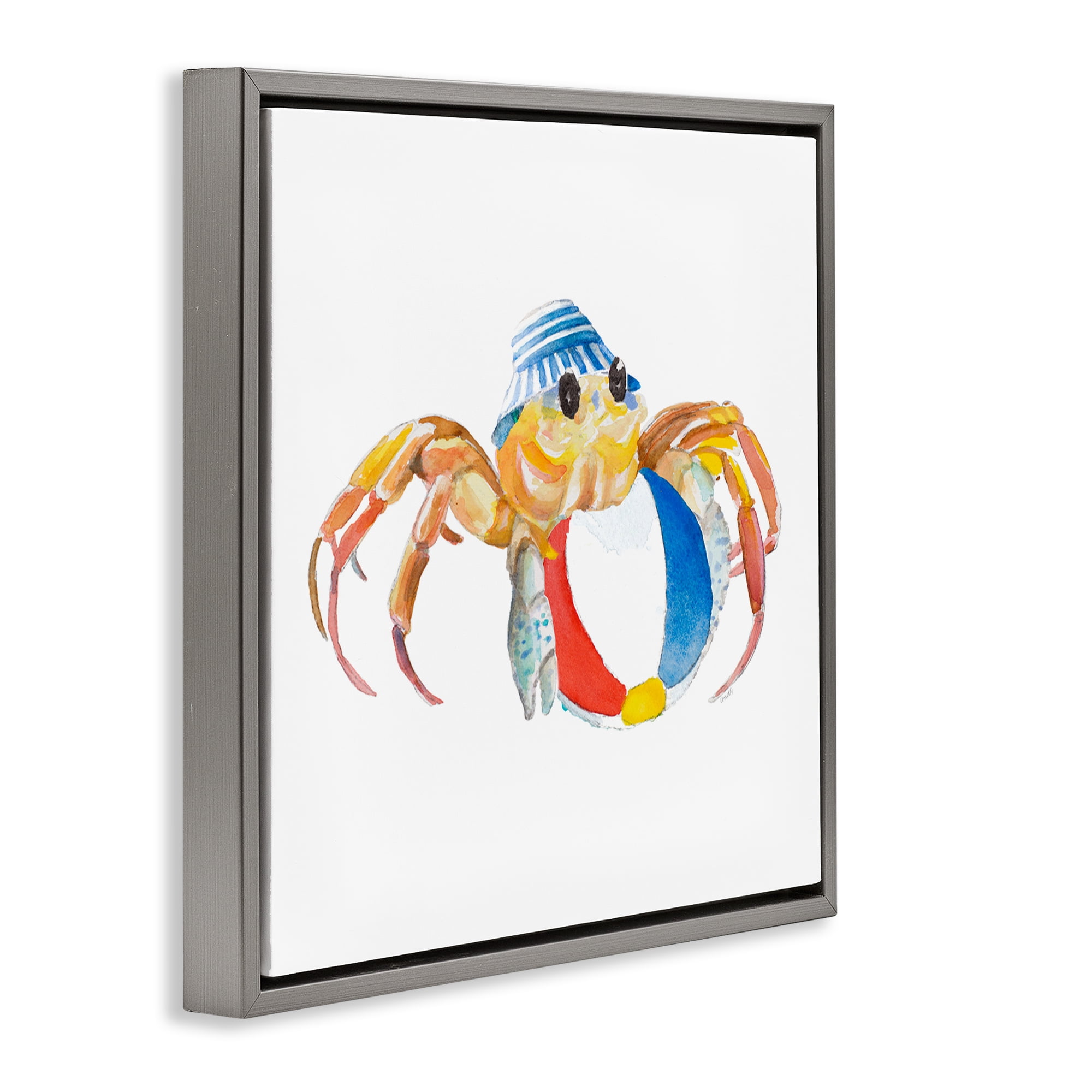 Stupell Industries Beach Ball Crab Novelty Painting Gray Floater Framed Canvas Art Print Wall Art, 25 x 25