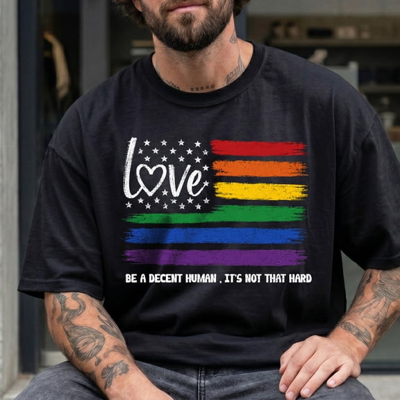 Be a Decent Human Shirt LGBTQ Pride Rainbow American Flag Graphic Tee