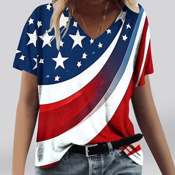 Njagoc3 Patriotic Womens Vintage V-Neck Tee Faded American Flag Print Retro Style