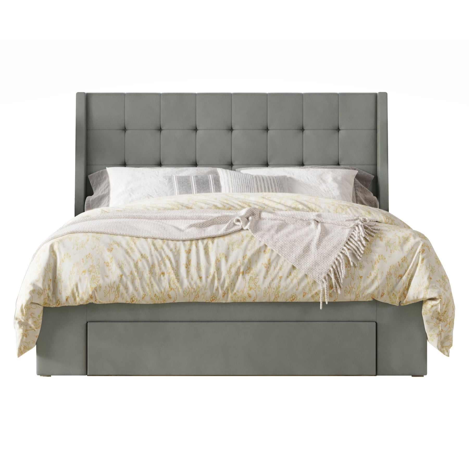 Home Design Pamela Queen Tufted Velvet Upholstered Storage Panel Bed Frame, Wingback Headboard with Geometric Button Tufting, Gray – Modern Bedroom Furniture