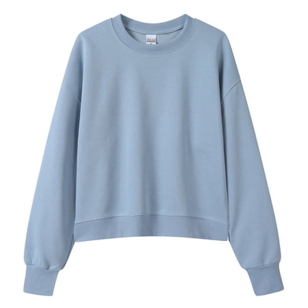 FYEGRE Cropped Sweatshirts for Women Cotton Long Sleeve Crop Tops Crewneck Pullover Oversized Sweater Blue XXXL