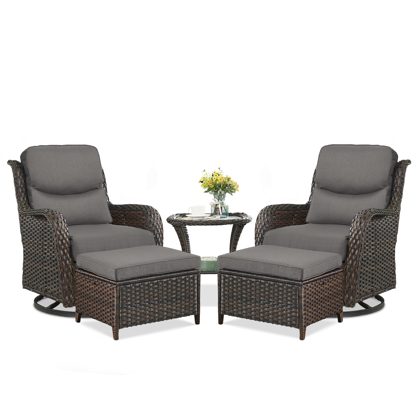 POCASSY 5 Pieces Patio Furniture Set with Swivel Chairs and Ottomans, High Back Deep Seat Cushioned Wicker Outdoor Conversation Set for Porch & Balcony, Brown Wicker/Gray Cushion