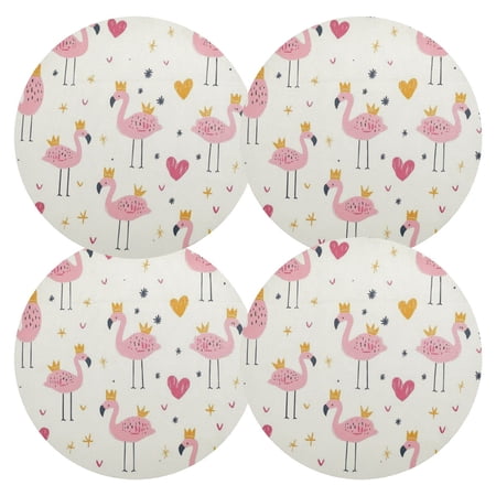 Qxltty 15inch Round Placemats Set of 4 Polyester Fabric Heat Resistant Washable Table Mat for Kitchen Party Decor Cute Pink Flamingos Crowns Hearts