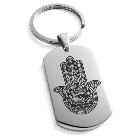 Stainless Steel All Seeing Eye Hamsa Hand of Fatima Engraved Dog Tag Keychain Keyring