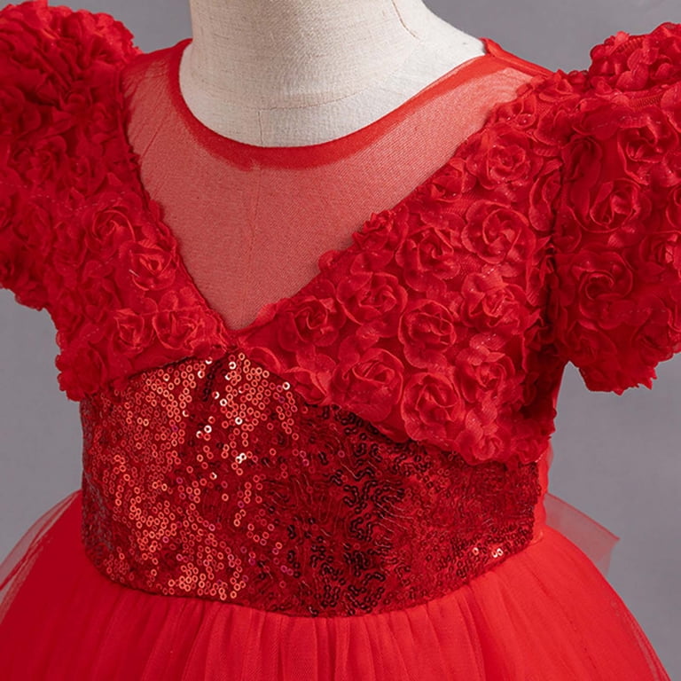 Lnwuy Girl's Embroidery Sequins Dress Lace Short Sleeve Dress Mesh Princess Dress Shiny Party Dresse Puffy Gown Dress Red 160, Kids Unisex
