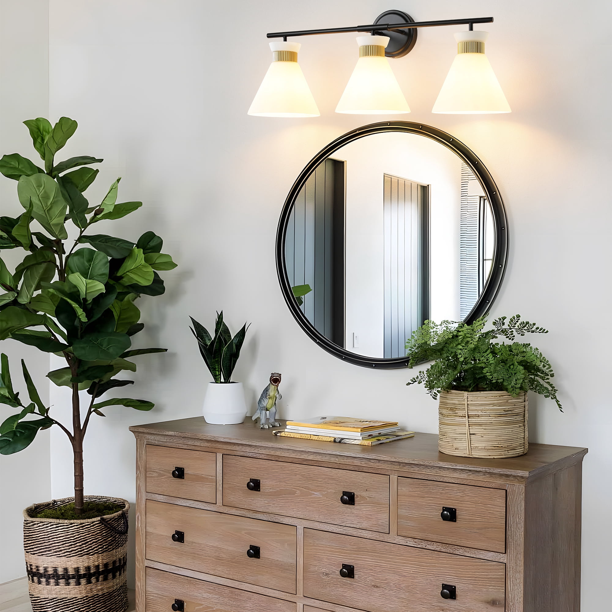 3-Lights Vanity Lights for Bathroom Black and Gold Wall Sconce Lighting with Frosted Milky Glass for Over Mirror Bedroom Hallway