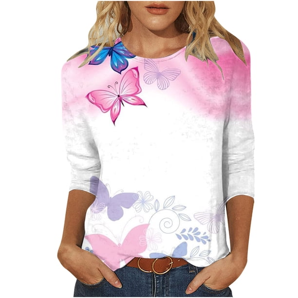 Elegante blusa de manga tres cuartos con cuello redondo retro para mujer con estampado de Pascua y manga tres cuartos OAVQHLG3B Store lin121212