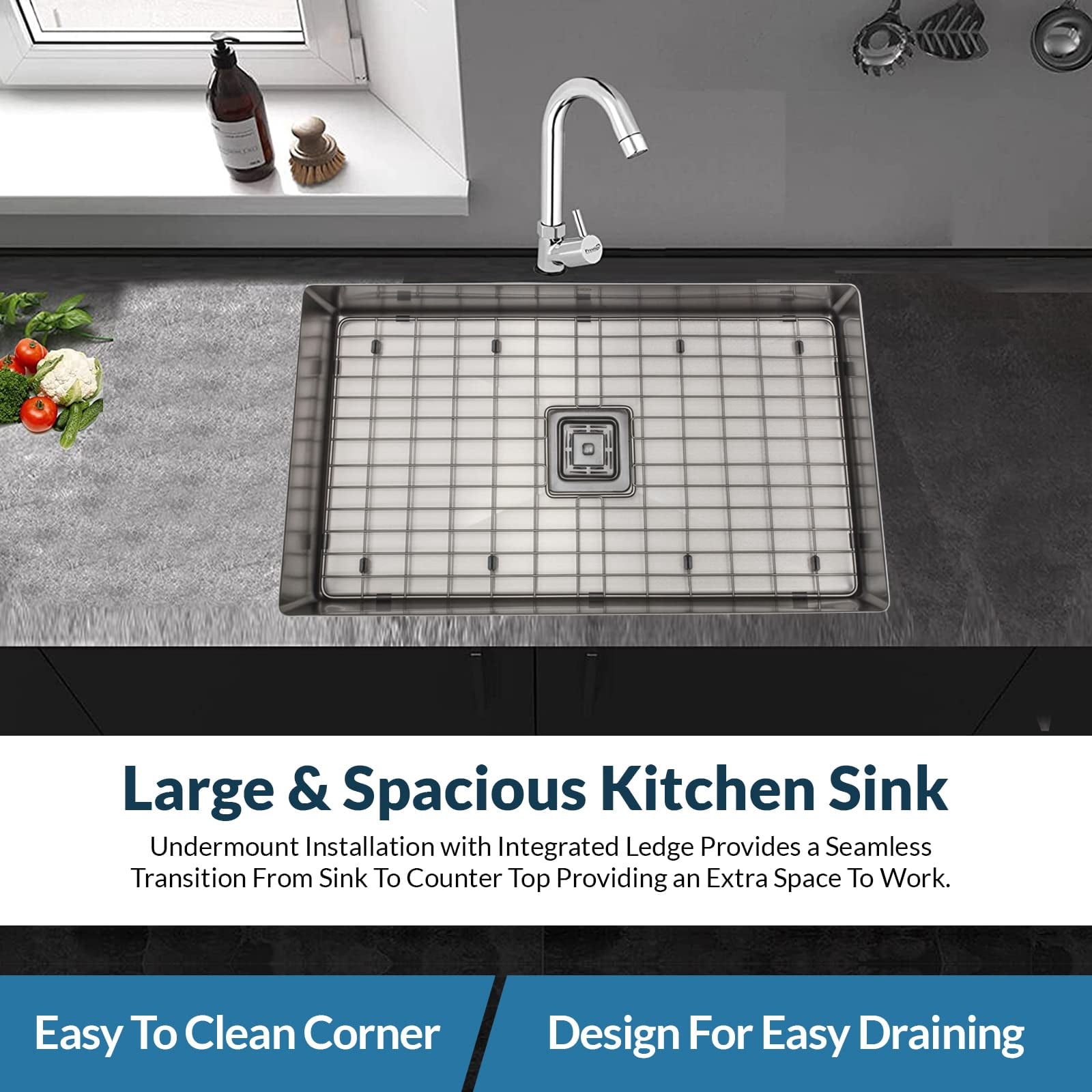 Strictly Sinks 32 Inch Undermount Single Bowl Kitchen Sink – Sink with Bottom Grid & Drain – Silver