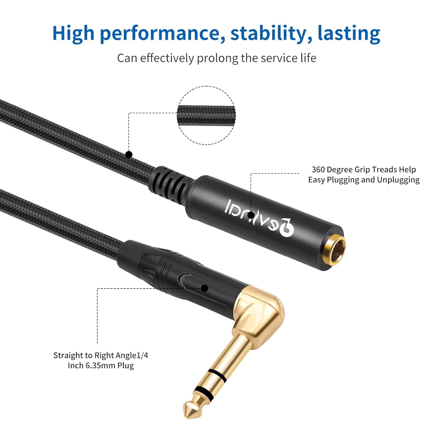 JJEAN-Right Angle 1/4 Inch TRS Male to 1/4 Inch TRS Female Cable, 6.35mm Stereo Headphone Guitar Extension Cord Adapter 3.3 FT 2 pcs