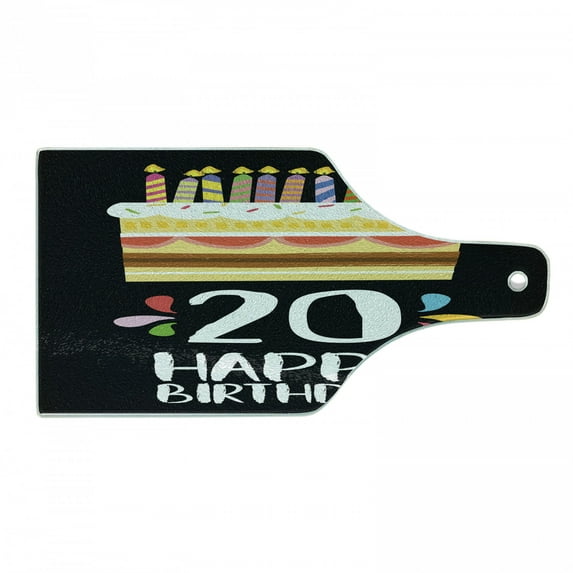 20th Birthday Cutting Board, Vintage Cartoon Style Delicious Looking Party Cake with Candles on Black, Decorative Tempered Glass Cutting and Serving Board, Wine Bottle Shape, Multicolor, by Ambesonne