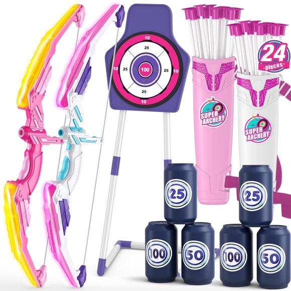 HYES 2 Pack Bow and Arrow for Kids 4-6, LED Light Up Archery Set with 24 Suction Cup Arrows, 1 Standing Target, 6 Score Targets & 2 Quiver, Indoor Ou