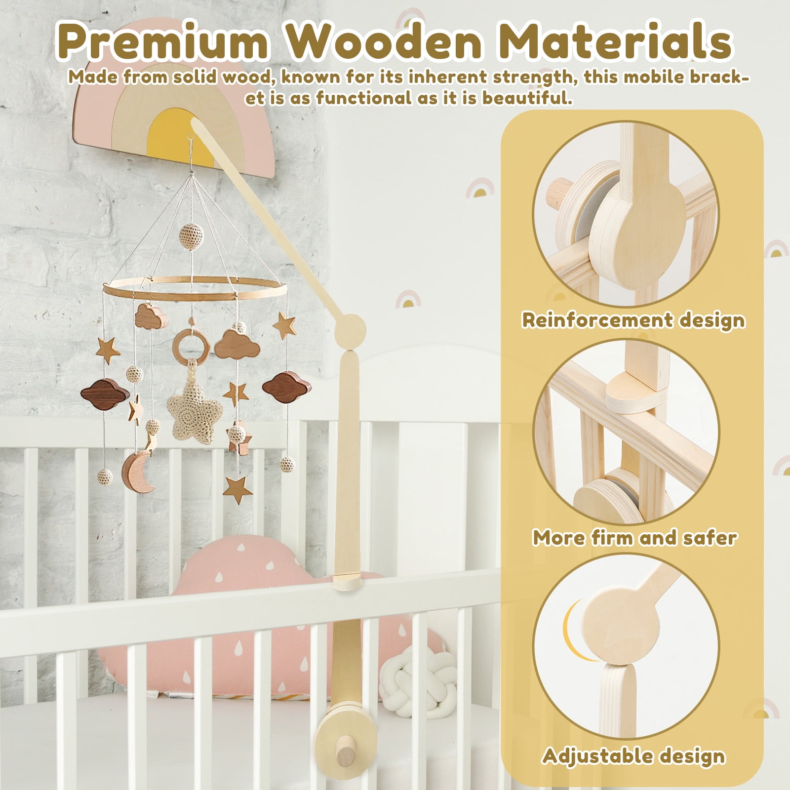 Wekvgz Wood Crib Mobile Arm with 2 Heights Practical Baby Crib Mobile Arm Easy to Install for Hanging Bed Bell Baby Bed Toys