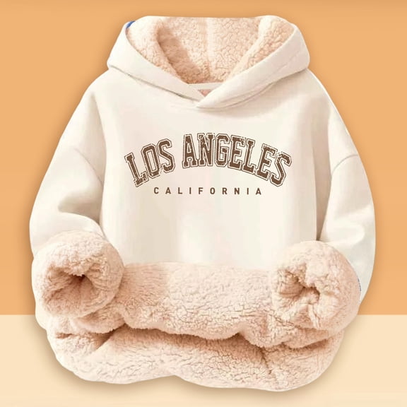 HUAXUN-Girls Sherpa Lined Hoodies Cute Graphic Hooded Sweatshirts Loose Comfy Long Sleeve Hoodie Winter Warm Pullover Tops with Pockets(Beige,3-4Years)