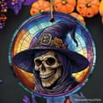 thumbnail image 2 of Witchy Grin Skull with Hat and Scarf Stained Glass Style Ceramic Ornament, Halloween Themed Christmas Gift and Decor, 2 of 6
