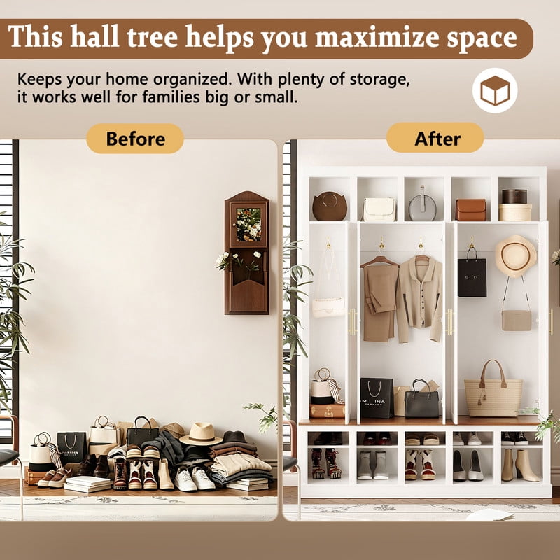 Farmhouse Hall Tree with 5 Doors and Top Storage Compartments, Entryway Coat Rack with Hooks, Mudroom Bench with Shoe Cubbies for Hallway Living Room