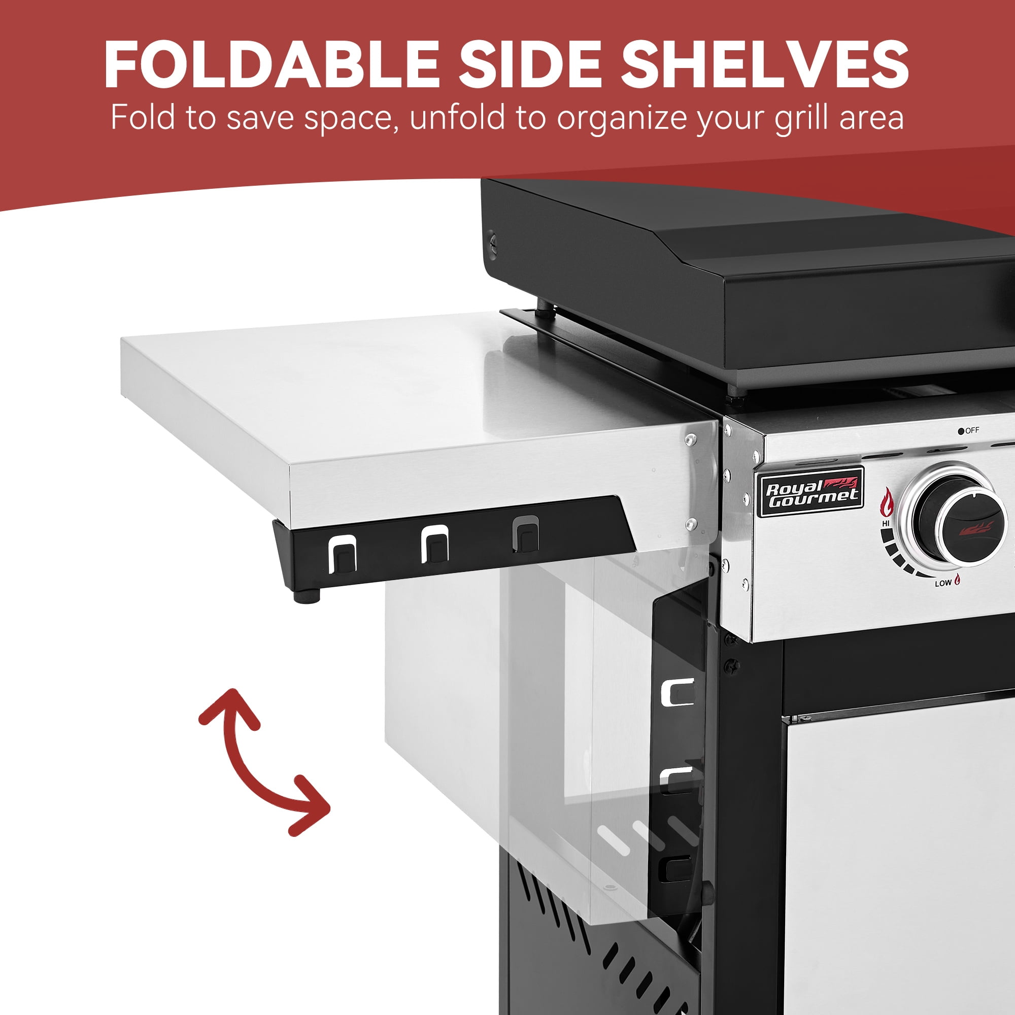 Royal Gourmet GB4008A 4-Burner Gas Griddle with Folding Stainless Steel Side Shelves, Silver & Black