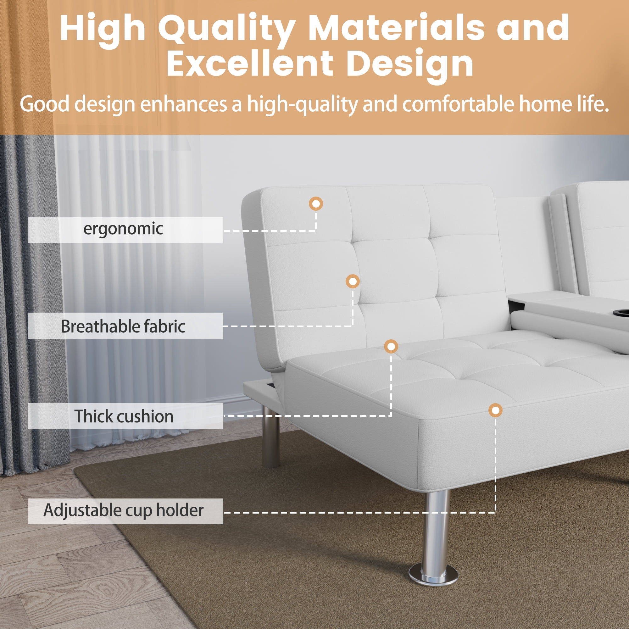 Vineego Futon Sofa Bed Folding Leather Modern Couch with 2 Cup Holders,Removable Armrests,White