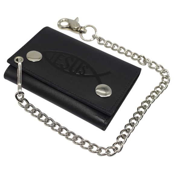 RFID Blocking Jesus Fish Men's Trifold Ichthys Biker Genuine Leather Steel Chain Wallet Snap closure Jesus Fish Blind