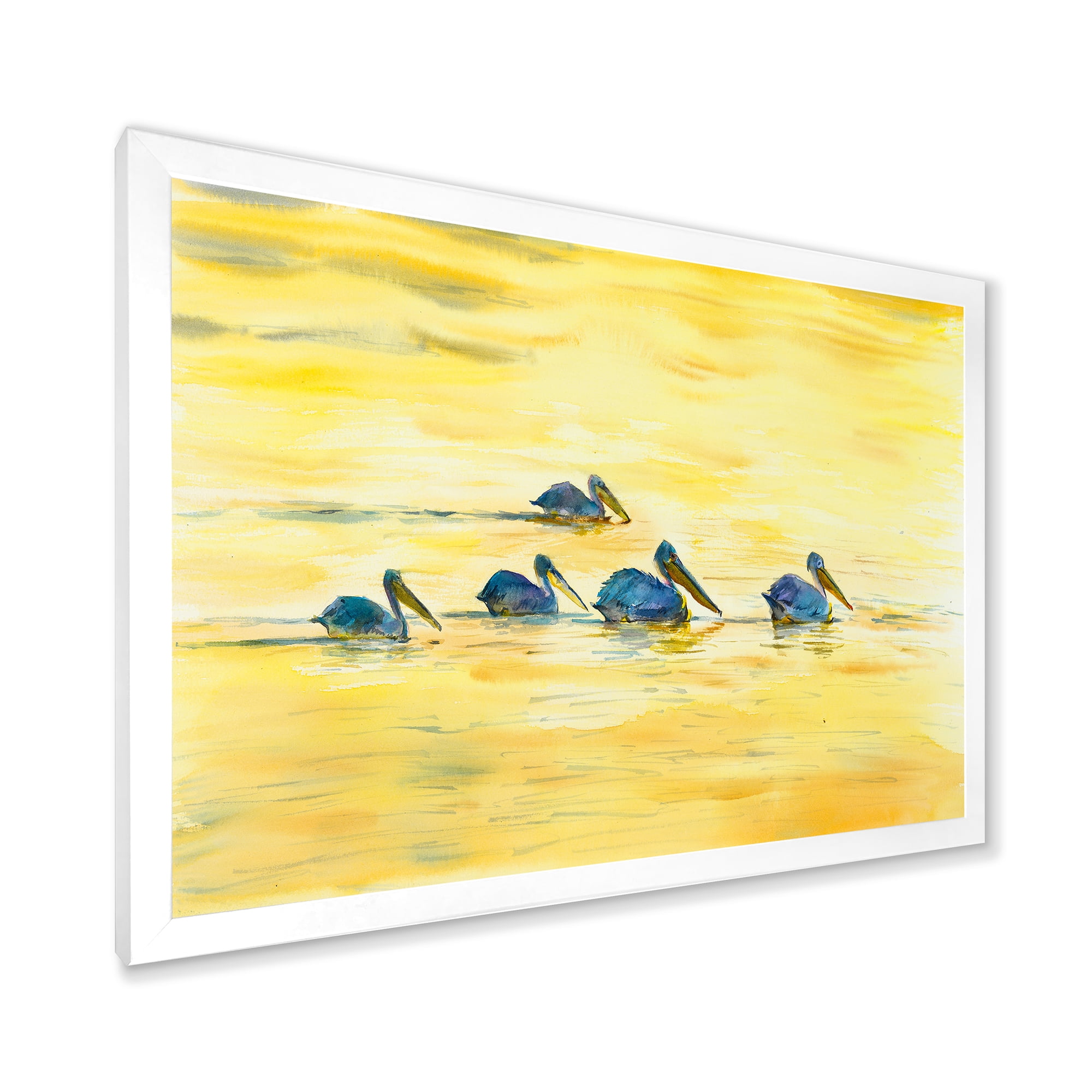 Designart 'Pelicans Birds On The Yellow River' Farmhouse Framed Art Print