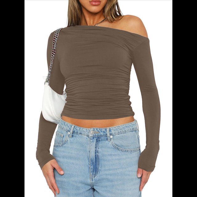 Blusa Informal de Larga con Cuello y Hombros Descubiertos para Mujer, Ajustada, para Salir, Estilo Y2K Camello S
