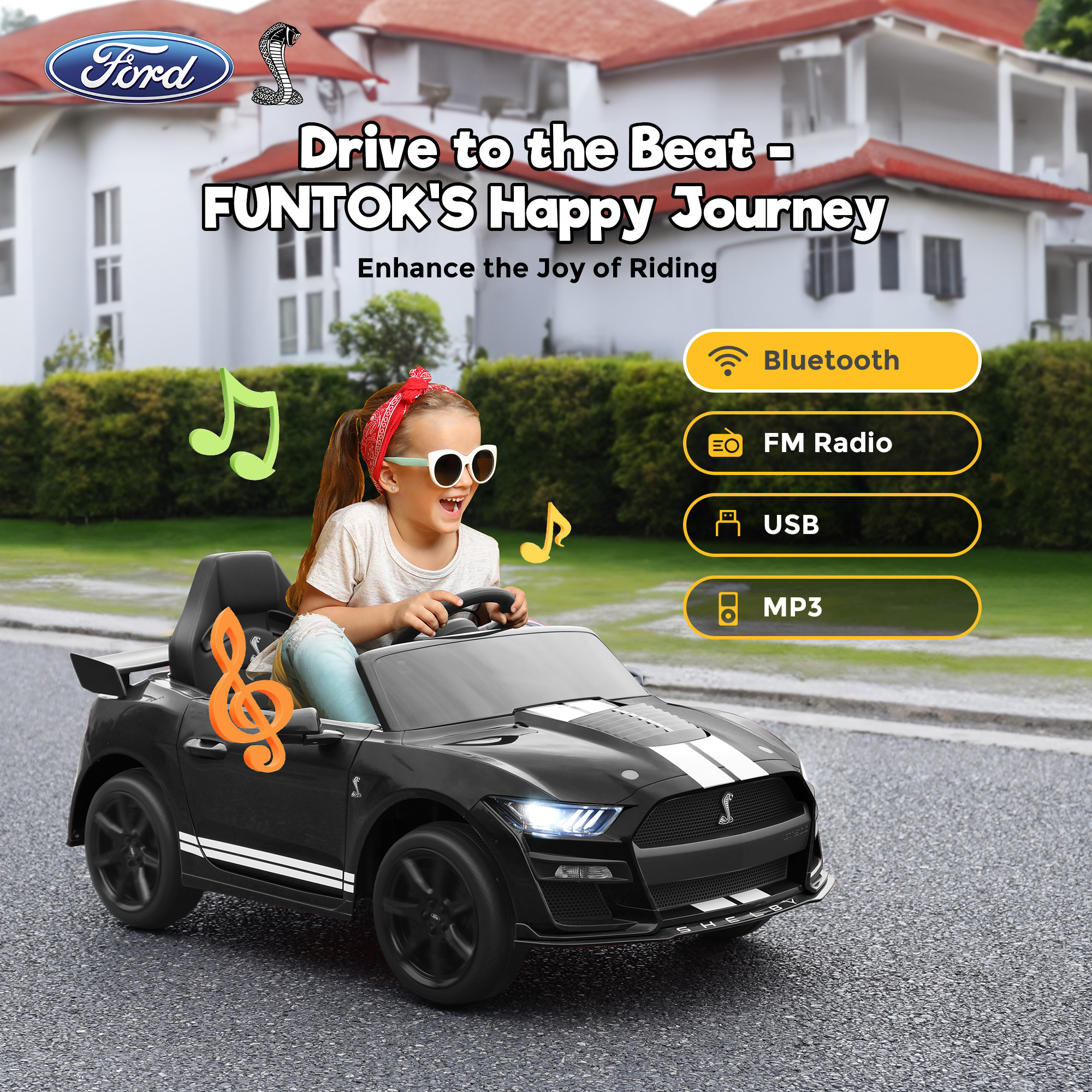 FUNTOK Licensed Ford Mustang GT500 12V 7AH Kids Electric Ride on Car Toy,16" Seater Battery Powered Car Truck with Remote Control,Bluetooth,3 Speeds,LED Headlight,Music Player & Spring Suspension