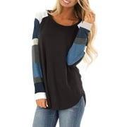 Women's Casual Striped Long Sleeve T-Shirts Round Neck Baseball Tunic Tops Leisure Loose Fit Color Block Blouse