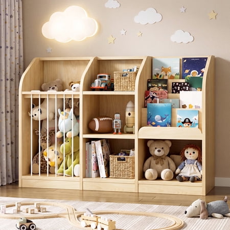 ROGALIS 3-in-1 Toy Storage Organizer, Stuffed Animal Storage with 4 Open Cubbies, Kids Montessori Low Cabinet Bookshelf, Toddler Kids Bookcase for Playroom Kids Room Nursery Classroom，Maple Wood