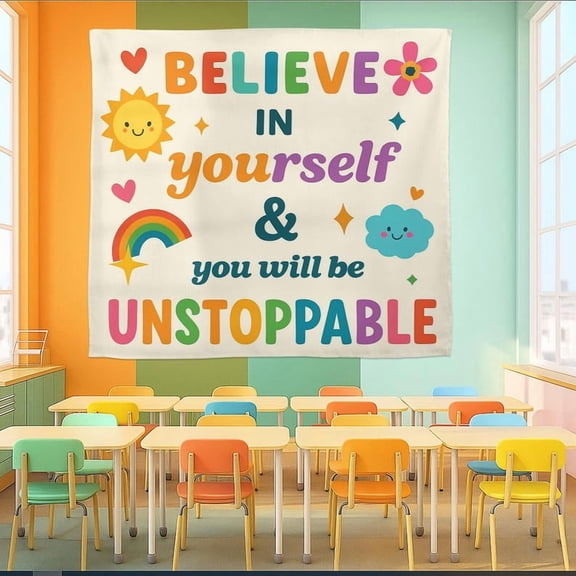 TiniDecor Believe in Yourself Tapestry, 30"x40" Rainbow Motivational Wall Hanging, Classroom Decor