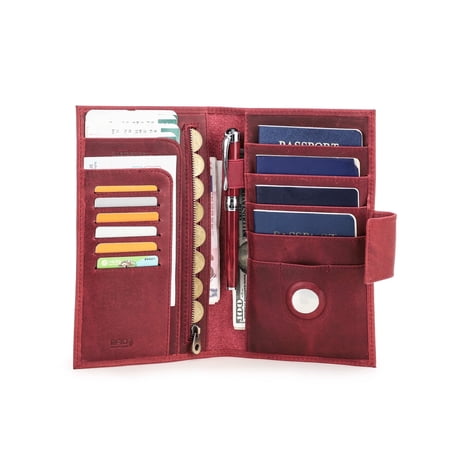 Contact's Leather Family 4 Passport Holder With Airtag,Travel Passport Wallet RFID Blocking (Red)