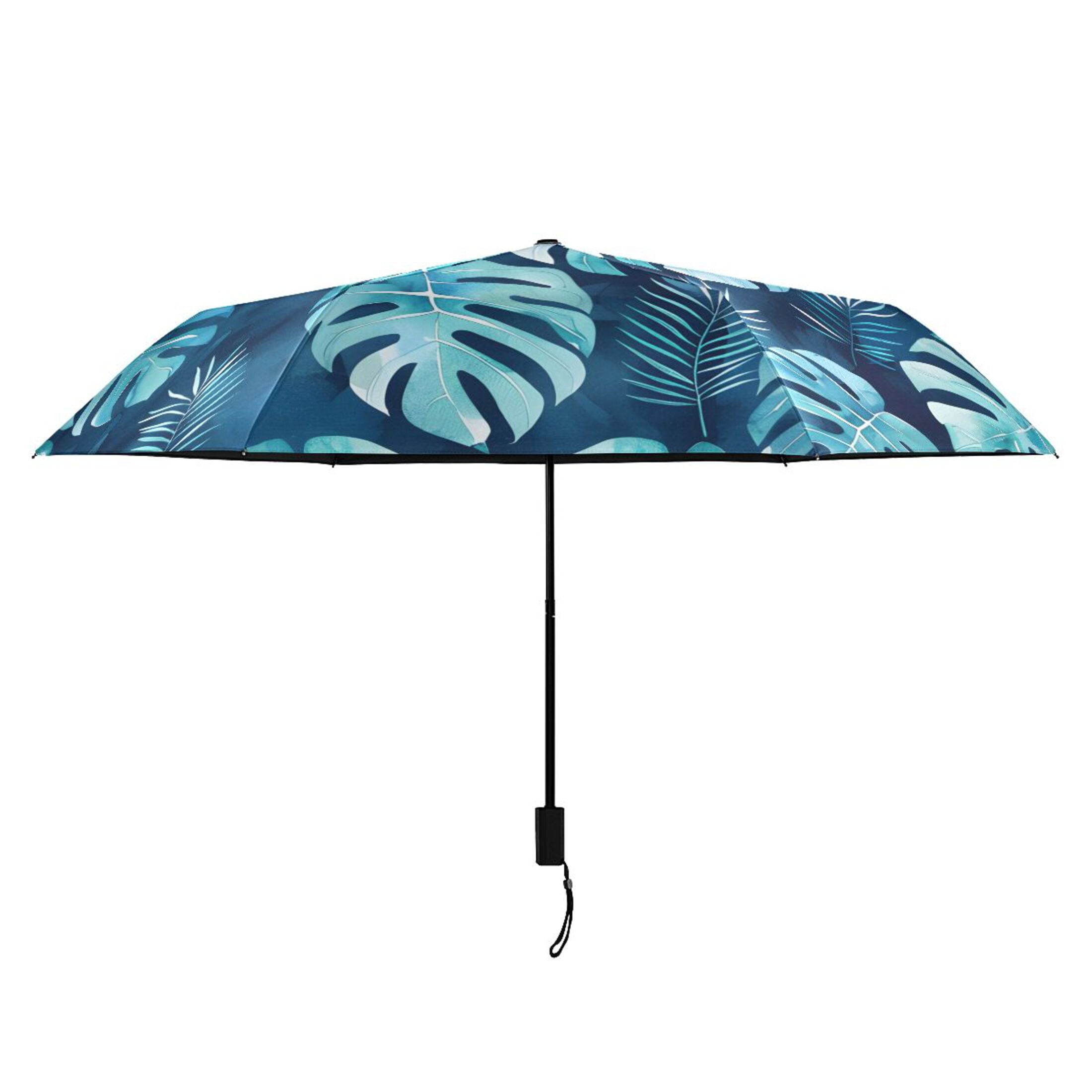 Watercolor Monstera All Weather Umbrella Triple Folding Parasol 6 Ribs UV Protection Portable