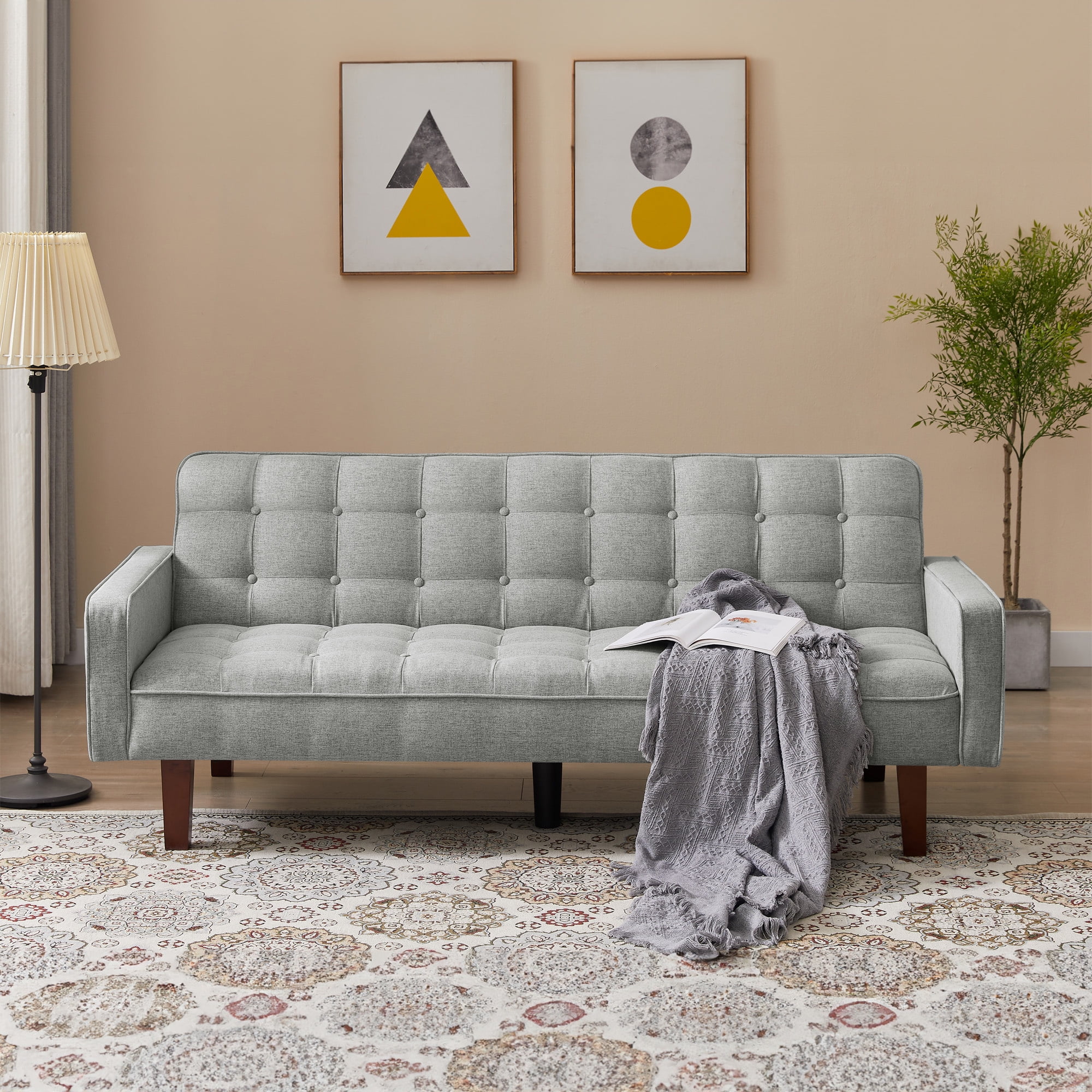 Aukfa 74" Square Arm Futon Convertible Sofa Bed for Home Office, Button-Tufted Back, Gray