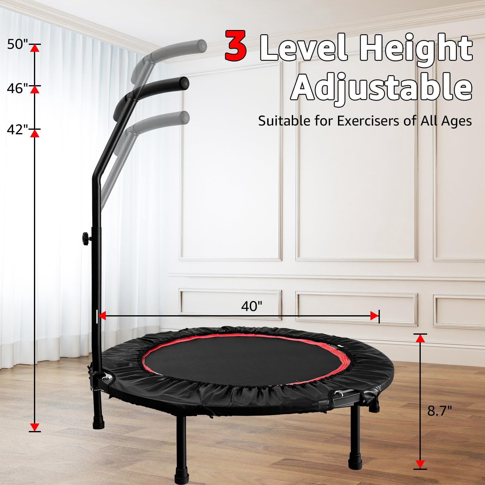 EVGTTI 40 inch Foldable Mini Trampoline, Bungee Fitness Trampoline with Adjustable T Shape Foam Handle Bar, 440 LBS Weight Capacity