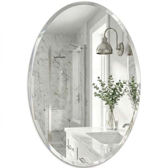 YAURA Frameless Oval Bathroom Mirror 20"x28", Modern Beveled Edge Vanity Wall Mirror, Elegant Decor for Powder Room & Entryway