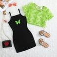 thumbnail image 2 of TAIAOJING Litter Girl's 2 Piece Outfits Short Sleeve Mesh Sheer Butterfly Crop Top And Cartoon Print Camisole Dress Set For 4-5 Years, 2 of 4