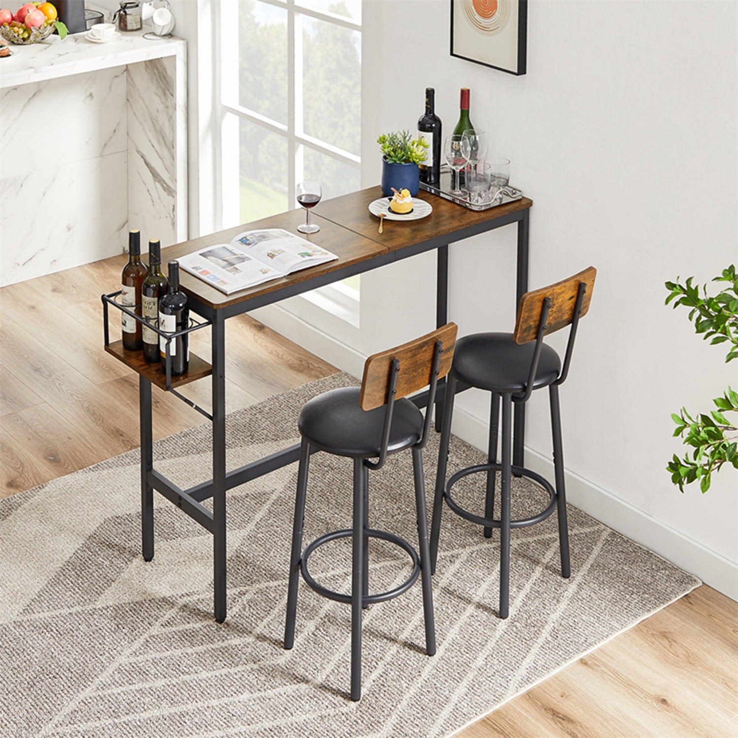 3Piece Bar Table and Chairs Set, High Top Pub Table with Folding Wine