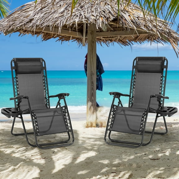 GIANNA Set of 2 Outdoor Lounge Chairs, Camping Chair with Adjustable Pillow & Cup Holder Trays for Patio Beach, Black
