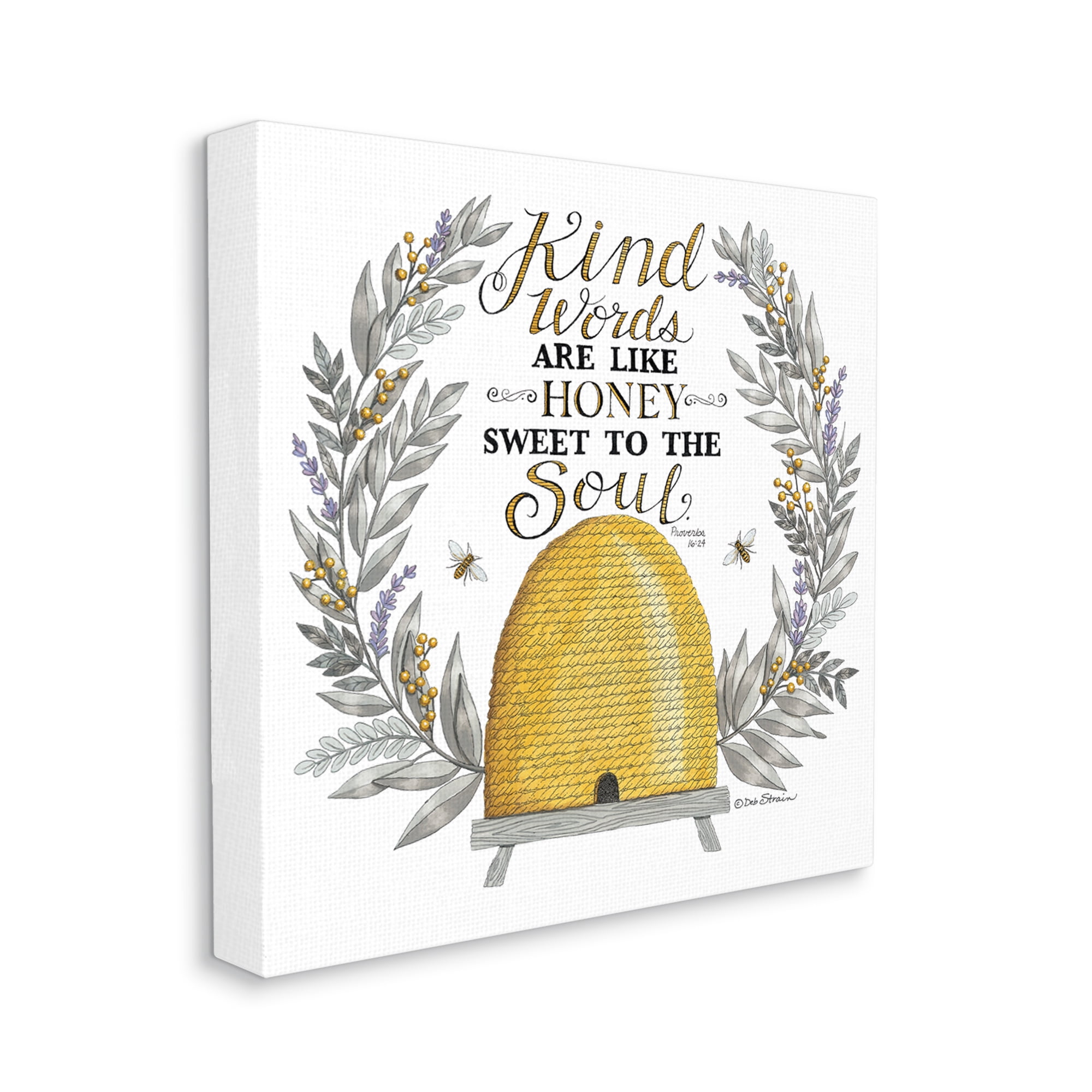 Stupell Industries Kind Words Comforting Bee Hive Phrase Botanical Laurels Graphic Art Gallery Wrapped Canvas Print Wall Art, Design by Deb Strain