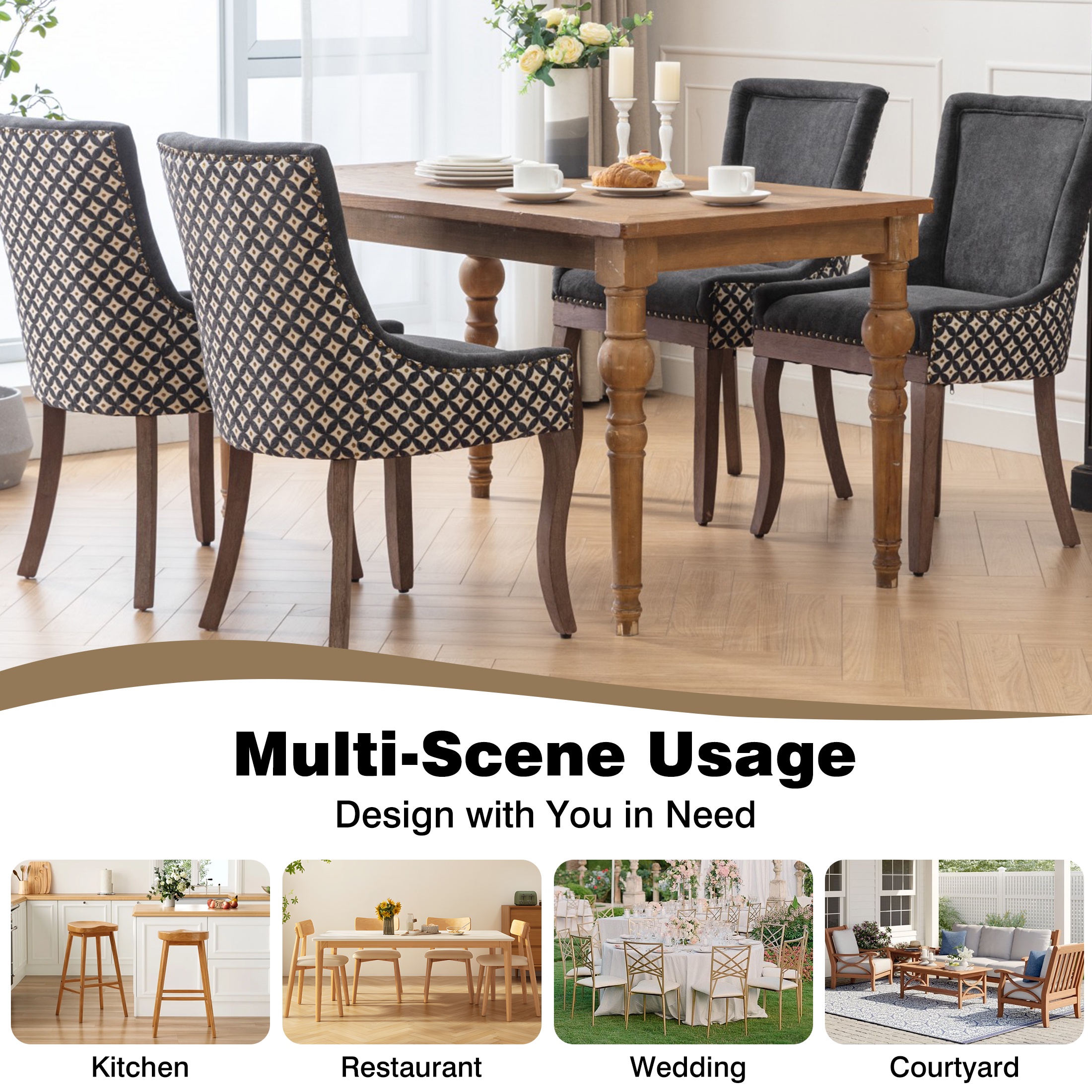 Dining Chairs Set of 2, LEGAHOME Black Fabric Upholstered Dining Chairs, Mid-century Kitchen Chairs with High Back, Bronze Nail Head, Solid Wood Legs, Black, 2 Pcs