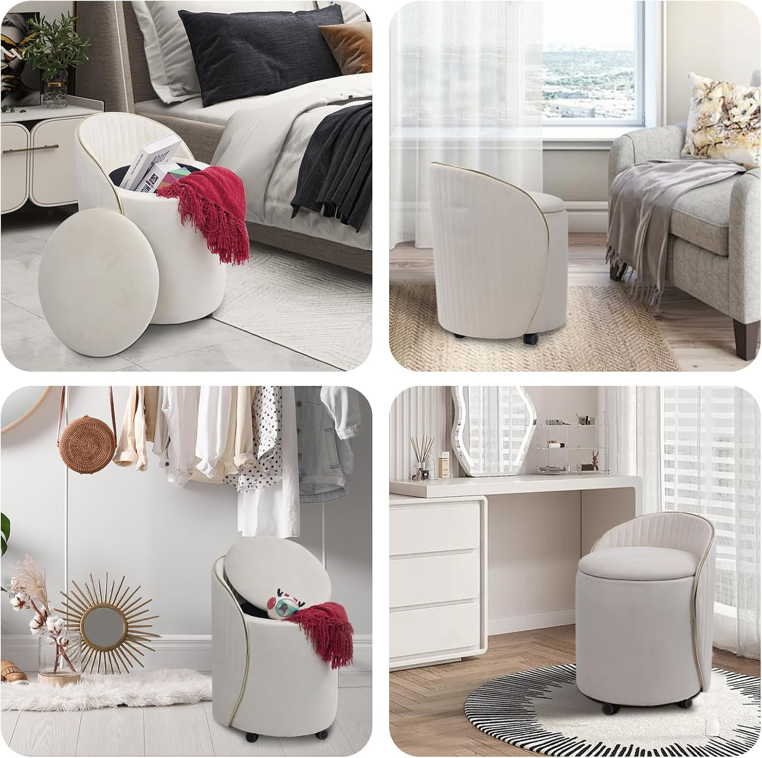 Round Storage Ottoman, Upholstered Velvet Vanity Stool with Lumbar Support, Swivel Rolling Wheels, Small Foot Stools Coffee Table Padded Seat for Makeup Room, Living Room, Bedroom Beige