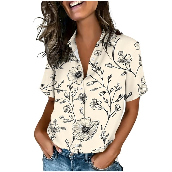 Staron Women's Casual Loose Short Sleeve Button Down Shirt Blouse Printed Floral Comfortable Fashion Top with Pockets, Khaki XXL