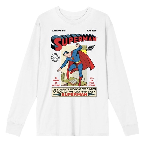 Superman 90th Anniversary Retro Comic Cover Men's White Crew Neck Long Sleeve Shirt-Medium