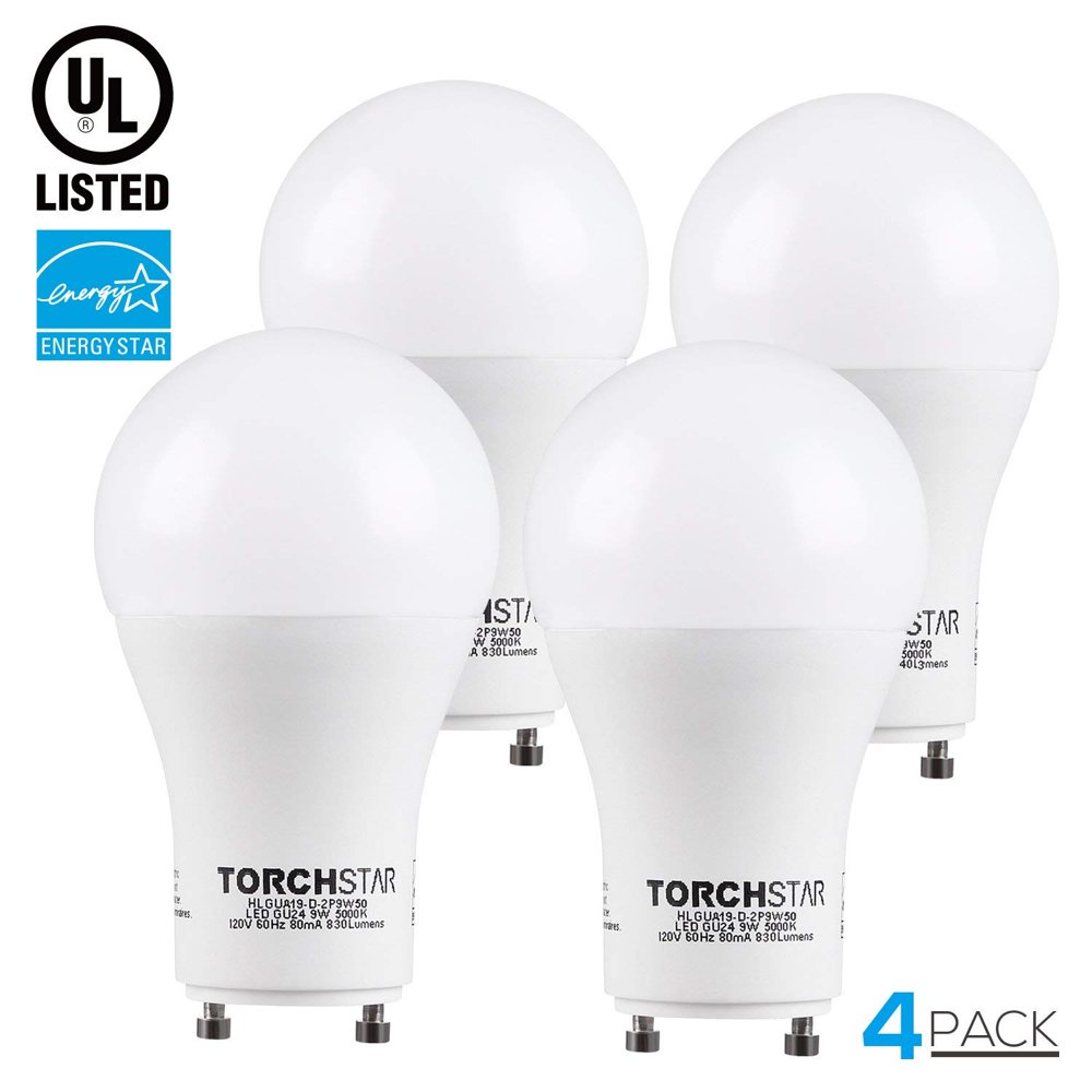 TORCHSTAR 4 Pack Dimmable 9W GU24 Base A19 LED Light Bulbs, 5000K