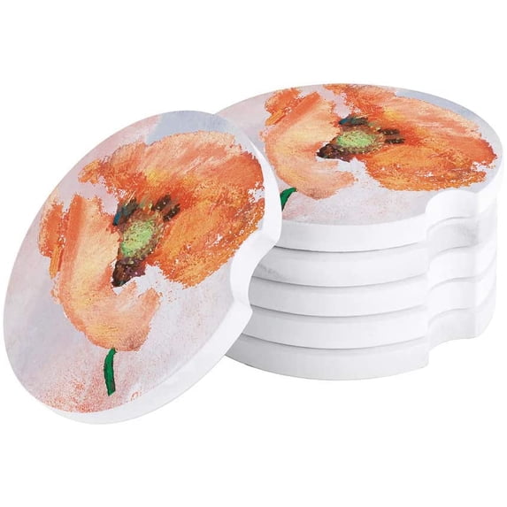 FMSHPON Oil Painting Style Orange Poppies Flower Set of 4 Car Coaster for Drinks, Absorbent Ceramic Stone Coasters Cup Mat with Cork Base for Home Kitchen Room Coffee Table Bar Decor