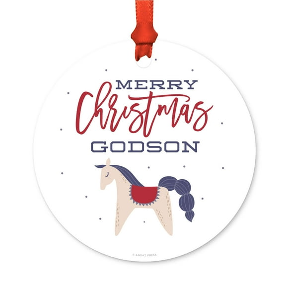 Metal Christmas Ornament, Merry Christmas Godson, Swedish Style Rocking Horse, Includes Ribbon and Gift Bag