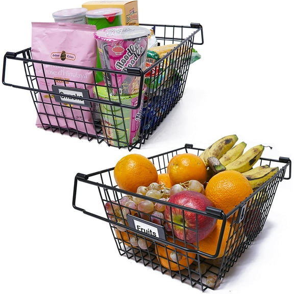 Teighrah XL Large Black Stackable Wire Basket for Storage Pantry Wall Mount Metal Wire Storage Basket for Organizing Kitchen Countertop, Produce, Chips, Fruit and Vegetables-Pantry Basket