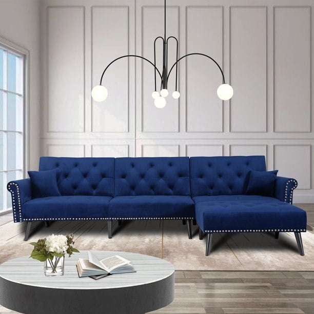 Convertible Sectional Sofa Bed Modern Velvet Upholstered With Extra Wide Chaise Lounge Reversible Sleeper Wood Legs Navy Blue Com Convertible Sectional Sofa Bed Modern, Extra Wide Sofa Bed