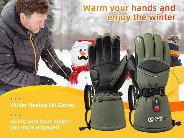 SAVIOR HEAT Heated Ski Gloves - 7.4V 3000mAh Battery, 10H Warmth, Waterproof, Goatskin Palm, for Winter Outdoor Skiing & Snowboarding