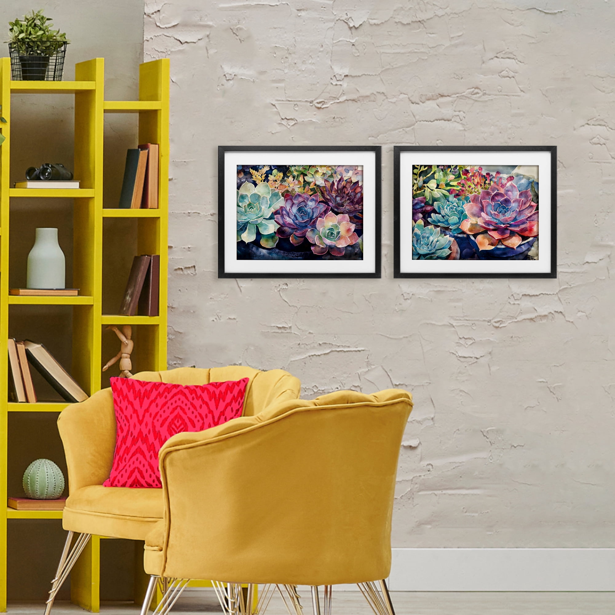 Stupell Industries Sunny Watercolor Succulents 2 Piece Black Framed Print Under Glass Set, design by Svetlana Aleynikova