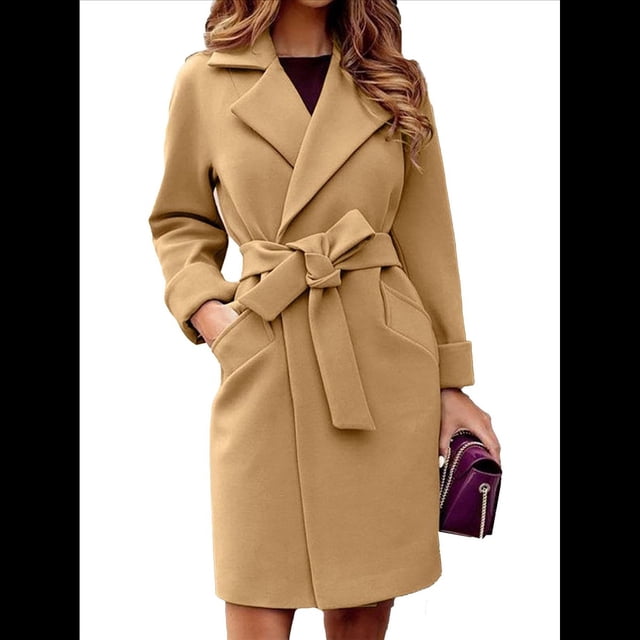 Gabardina Larga para Mujer, Elegante Chaqueta de Solapa, Abrigo Informal de Otoño e Invierno con Cinturón Caqui M