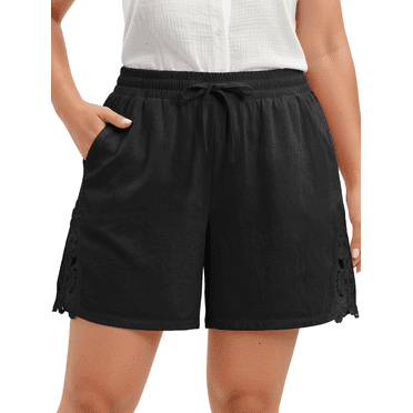 WellSize Plus Size Lace Shorts for Women Cotton Linen Wide Leg Shorts Summer Drawstring Elastic Waist Short Pants with Pockets